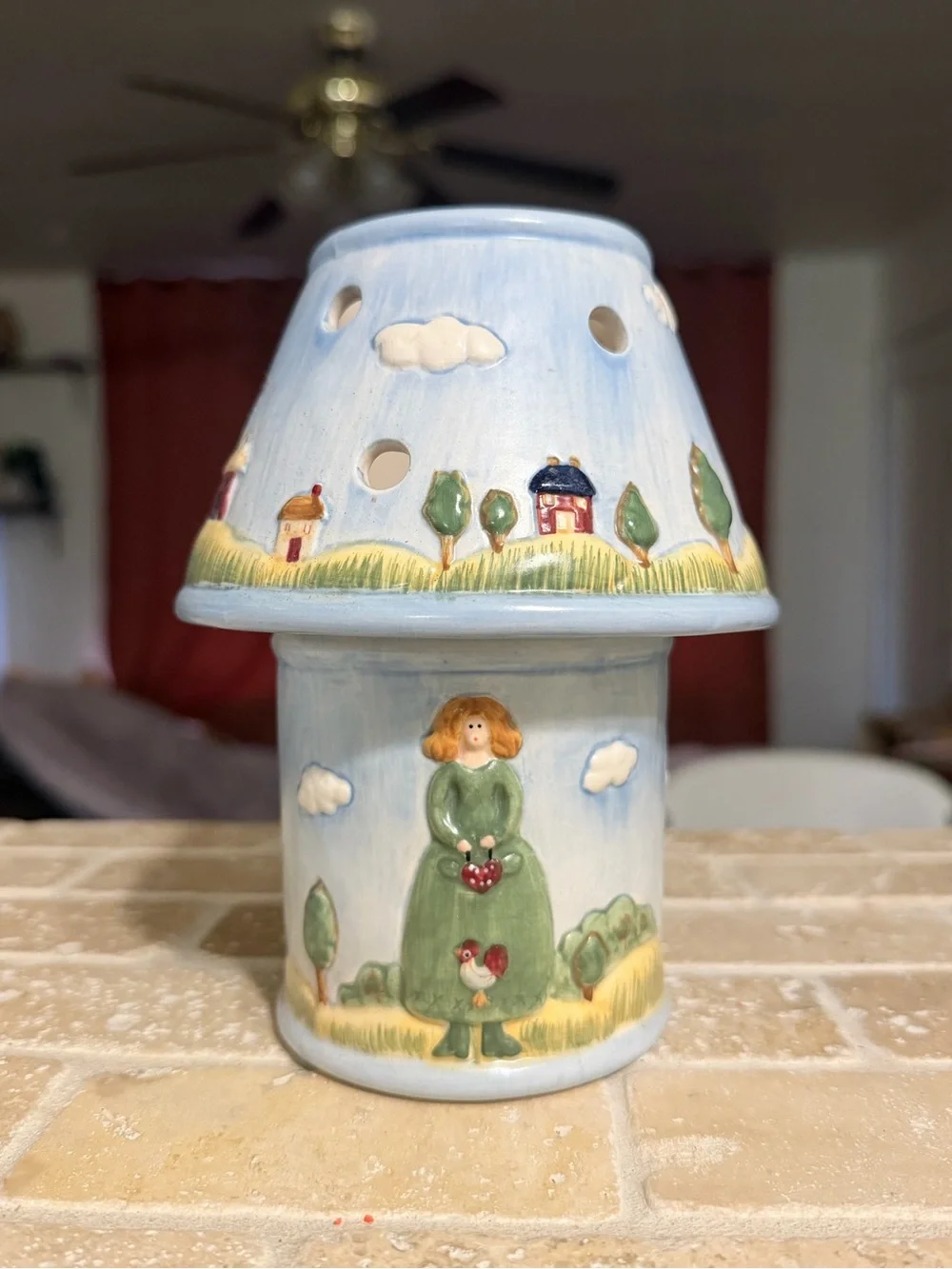 Hand-Painted Ceramic Mushroom Lamp in Light Blue with Green Accents